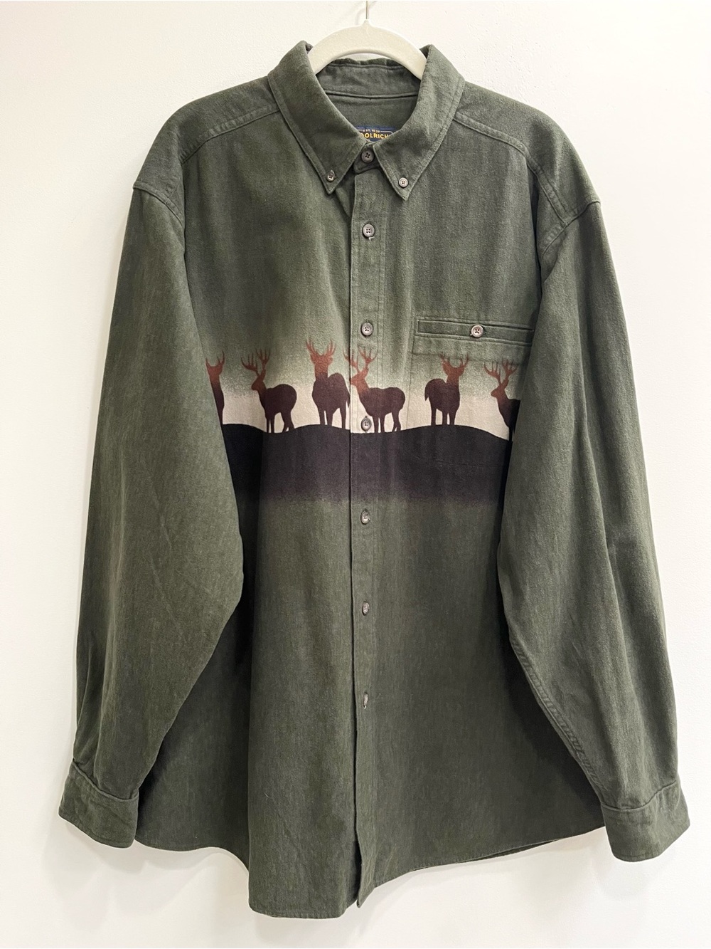 Woolrich Long Sleeve Flannel Shirt Men’s XL Extra Large Olive Deer Green Outdoor